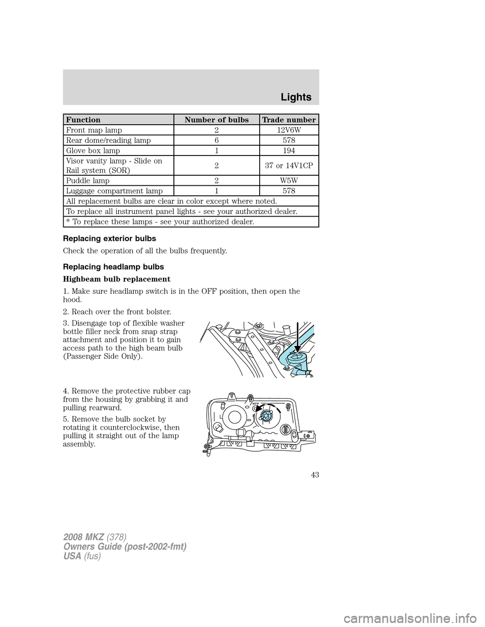 LINCOLN MKZ 2008 Owners Manual Function Number of bulbs Trade number
Front map lamp 2 12V6W
Rear dome/reading lamp 6 578
Glove box lamp 1 194
Visor vanity lamp - Slide on
Rail system (SOR)2 37 or 14V1CP
Puddle lamp 2 W5W
Luggage co LINCOLN MKZ 2008 Owners Manual Function Number of bulbs Trade number
Front map lamp 2 12V6W
Rear dome/reading lamp 6 578
Glove box lamp 1 194
Visor vanity lamp - Slide on
Rail system (SOR)2 37 or 14V1CP
Puddle lamp 2 W5W
Luggage co