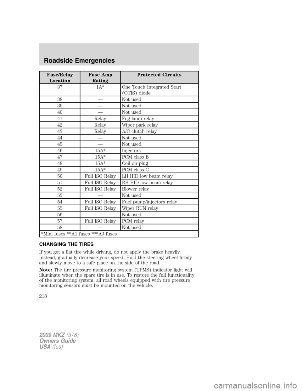 LINCOLN MKZ 2009  Owners Manual Fuse/Relay
LocationFuse Amp
RatingProtected Circuits
37 1A* One Touch Integrated Start
(OTIS) diode
38 — Not used
39 — Not used
40 — Not used
41 Relay Fog lamp relay
42 Relay Wiper park relay
43