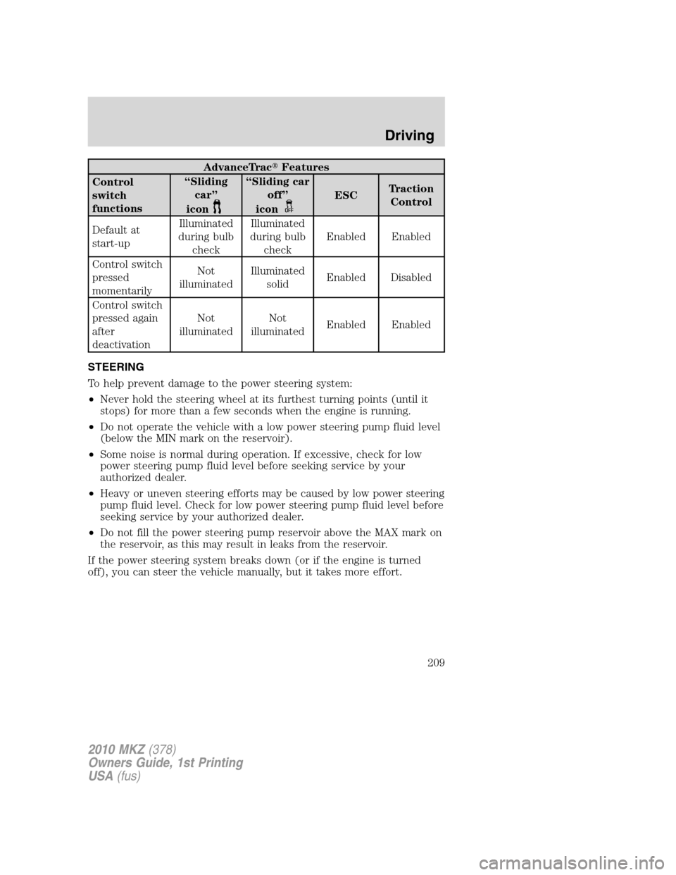 LINCOLN MKZ 2010  Owners Manual AdvanceTracFeatures
Control
switch
functions“Sliding
car”
icon
“Sliding car
off”
icon
ESCTraction
Control
Default at
start-upIlluminated
during bulb
checkIlluminated
during bulb
checkEnabled 