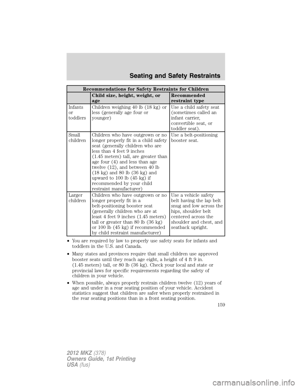 LINCOLN MKZ 2012  Owners Manual Recommendations for Safety Restraints for Children
Child size, height, weight, or
ageRecommended
restraint type
Infants
or
toddlersChildren weighing 40 lb (18 kg) or
less (generally age four or
younge