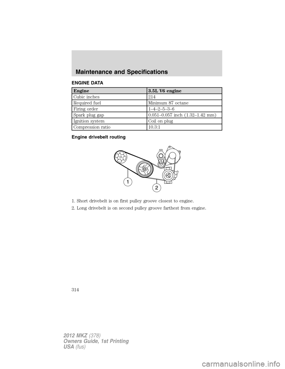 LINCOLN MKZ 2012 Owners Manual ENGINE DATA
Engine 3.5L V6 engine
Cubic inches 214
Required fuel Minimum 87 octane
Firing order 1–4–2–5–3–6
Spark plug gap 0.051–0.057 inch (1.32–1.42 mm)
Ignition system Coil on plug
Co LINCOLN MKZ 2012 Owners Manual ENGINE DATA
Engine 3.5L V6 engine
Cubic inches 214
Required fuel Minimum 87 octane
Firing order 1–4–2–5–3–6
Spark plug gap 0.051–0.057 inch (1.32–1.42 mm)
Ignition system Coil on plug
Co