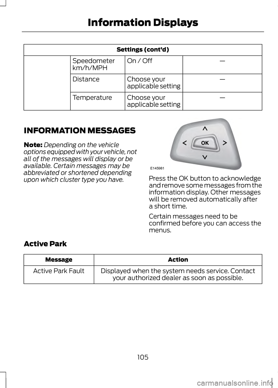 LINCOLN MKZ 2013 Owners Manual Settings (cont’
d)
—
On / Off
Speedometer
km/h/MPH
—
Choose your
applicable setting
Distance
—
Choose your
applicable setting
Temperature
INFORMATION MESSAGES
Note: Depending on the vehicle
op LINCOLN MKZ 2013 Owners Manual Settings (cont’
d)
—
On / Off
Speedometer
km/h/MPH
—
Choose your
applicable setting
Distance
—
Choose your
applicable setting
Temperature
INFORMATION MESSAGES
Note: Depending on the vehicle
op