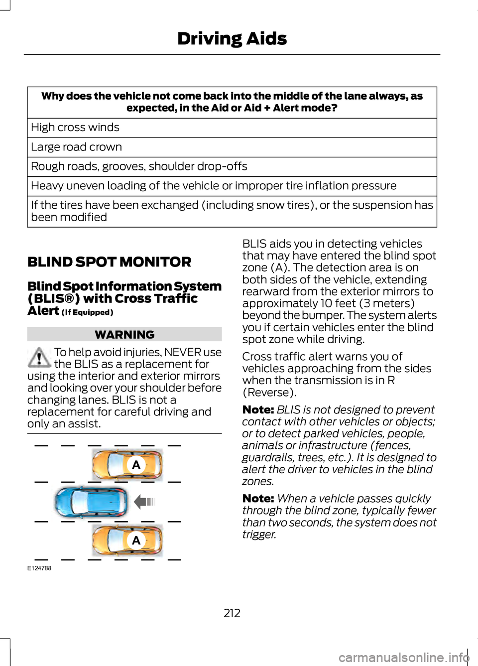 LINCOLN MKZ 2013 Owners Manual Why does the vehicle not come back into the middle of the lane always, as
expected, in the Aid or Aid + Alert mode?
High cross winds
Large road crown
Rough roads, grooves, shoulder drop-offs
Heavy une LINCOLN MKZ 2013 Owners Manual Why does the vehicle not come back into the middle of the lane always, as
expected, in the Aid or Aid + Alert mode?
High cross winds
Large road crown
Rough roads, grooves, shoulder drop-offs
Heavy une