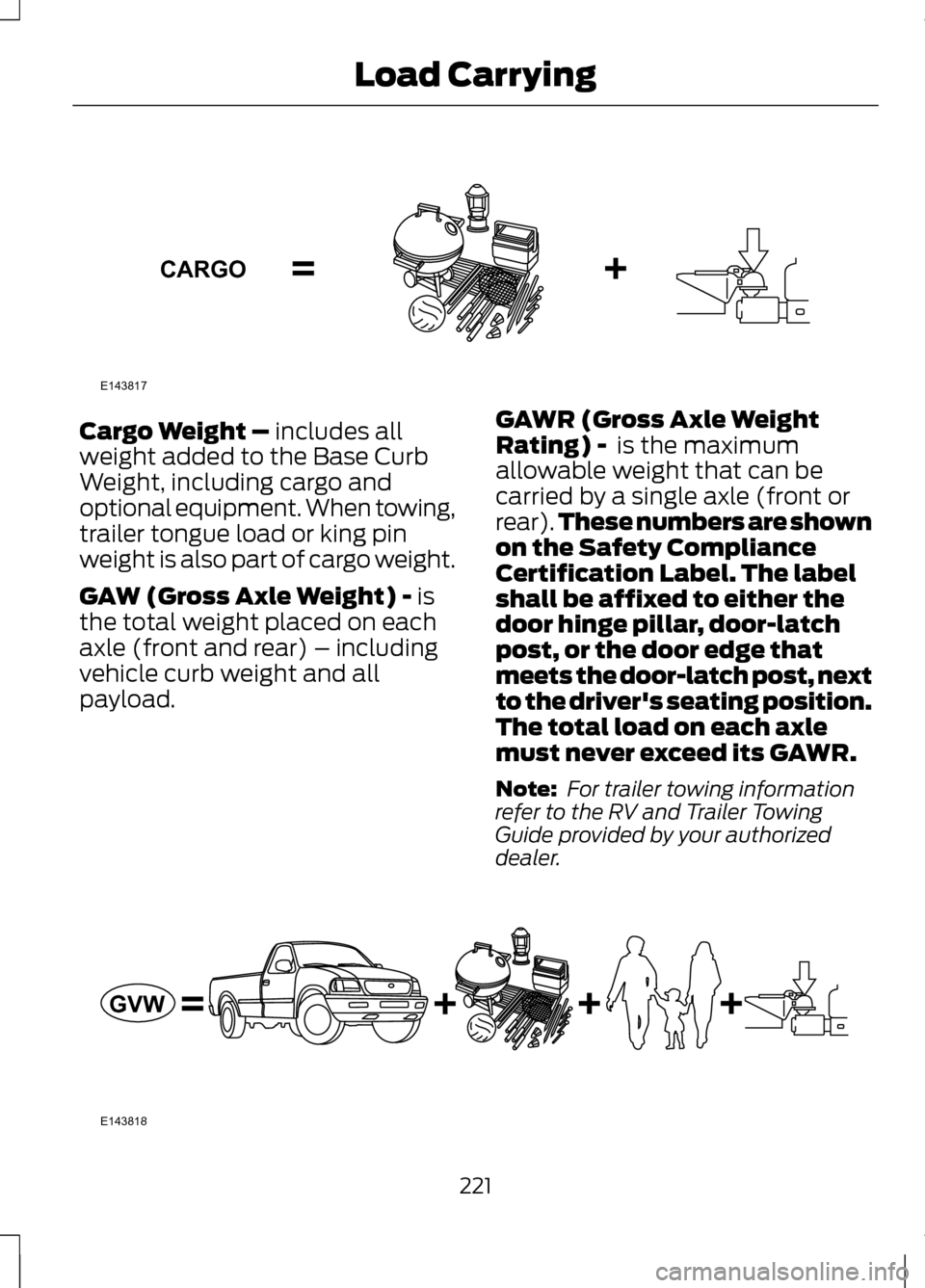 LINCOLN MKZ 2013 Owners Manual Cargo Weight – includes all
weight added to the Base Curb
Weight, including cargo and
optional equipment. When towing,
trailer tongue load or king pin
weight is also part of cargo weight.
GAW (Gross LINCOLN MKZ 2013 Owners Manual Cargo Weight – includes all
weight added to the Base Curb
Weight, including cargo and
optional equipment. When towing,
trailer tongue load or king pin
weight is also part of cargo weight.
GAW (Gross