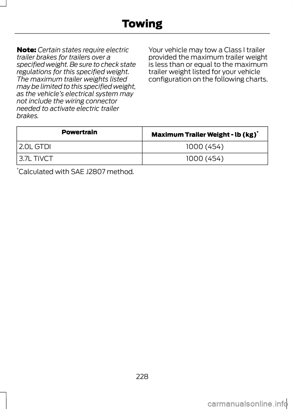 LINCOLN MKZ 2013 Owners Manual Note:
Certain states require electric
trailer brakes for trailers over a
specified weight. Be sure to check state
regulations for this specified weight.
The maximum trailer weights listed
may be limit LINCOLN MKZ 2013 Owners Manual Note:
Certain states require electric
trailer brakes for trailers over a
specified weight. Be sure to check state
regulations for this specified weight.
The maximum trailer weights listed
may be limit