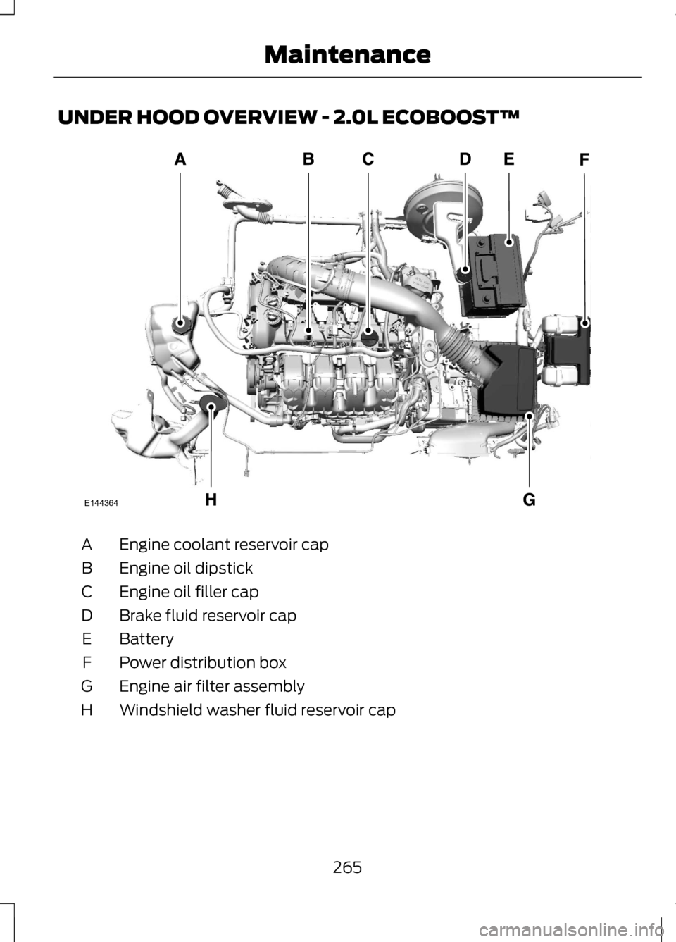 LINCOLN MKZ 2013  Owners Manual UNDER HOOD OVERVIEW - 2.0L ECOBOOST™
Engine coolant reservoir cap
A
Engine oil dipstick
B
Engine oil filler cap
C
Brake fluid reservoir cap
D
Battery
E
Power distribution box
F
Engine air filter ass