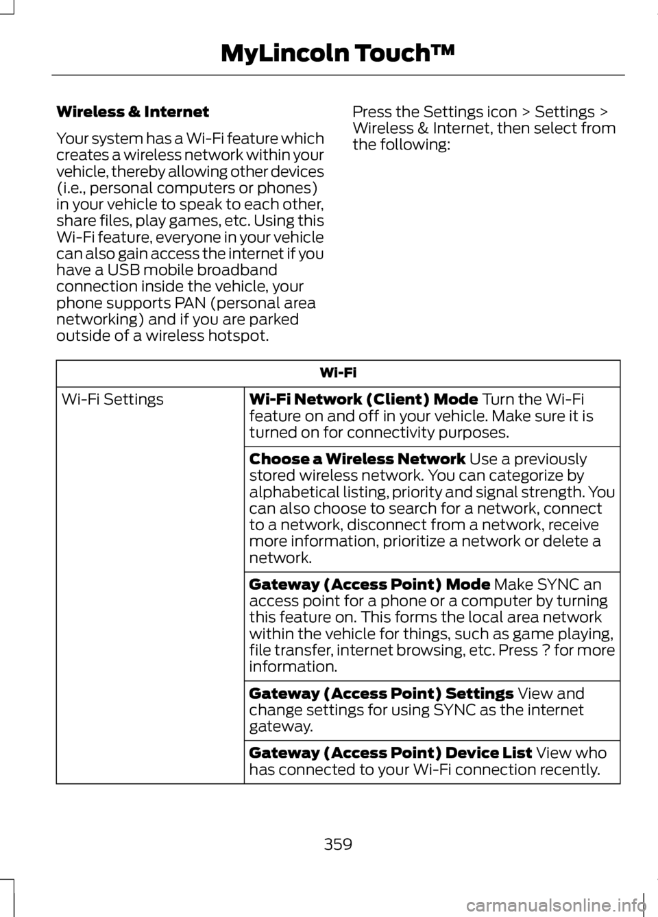 LINCOLN MKZ 2013 Owners Manual Wireless & Internet
Your system has a Wi-Fi feature which
creates a wireless network within your
vehicle, thereby allowing other devices
(i.e., personal computers or phones)
in your vehicle to speak t LINCOLN MKZ 2013 Owners Manual Wireless & Internet
Your system has a Wi-Fi feature which
creates a wireless network within your
vehicle, thereby allowing other devices
(i.e., personal computers or phones)
in your vehicle to speak t