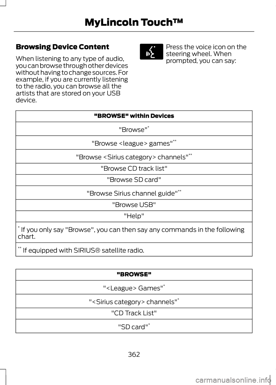 LINCOLN MKZ 2013 Owners Manual Browsing Device Content
When listening to any type of audio,
you can browse through other devices
without having to change sources. For
example, if you are currently listening
to the radio, you can br LINCOLN MKZ 2013 Owners Manual Browsing Device Content
When listening to any type of audio,
you can browse through other devices
without having to change sources. For
example, if you are currently listening
to the radio, you can br