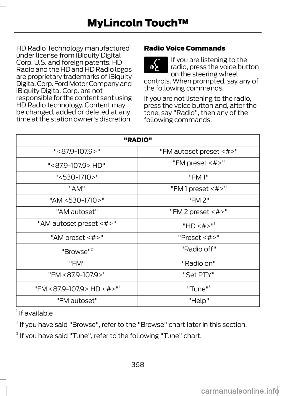 LINCOLN MKZ 2013 Owners Manual HD Radio Technology manufactured
under license from iBiquity Digital
Corp. U.S. and foreign patents. HD
Radio and the HD and HD Radio logos
are proprietary trademarks of iBiquity
Digital Corp. Ford Mo LINCOLN MKZ 2013 Owners Manual HD Radio Technology manufactured
under license from iBiquity Digital
Corp. U.S. and foreign patents. HD
Radio and the HD and HD Radio logos
are proprietary trademarks of iBiquity
Digital Corp. Ford Mo