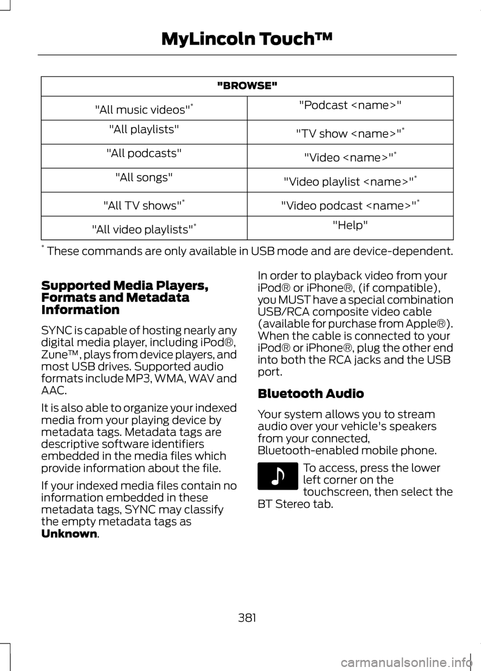 LINCOLN MKZ 2013 Owners Manual "BROWSE"
"Podcast <name>"
"All music videos" *
"TV show <name>"*
"All playlists"
"Video <name>"*
"All podcasts"
"Video playlist <name>"*
"All songs"
"Video podcast <name>"*
"All TV shows" *
"Help"
"Al LINCOLN MKZ 2013 Owners Manual "BROWSE"
"Podcast <name>"
"All music videos" *
"TV show <name>"*
"All playlists"
"Video <name>"*
"All podcasts"
"Video playlist <name>"*
"All songs"
"Video podcast <name>"*
"All TV shows" *
"Help"
"Al