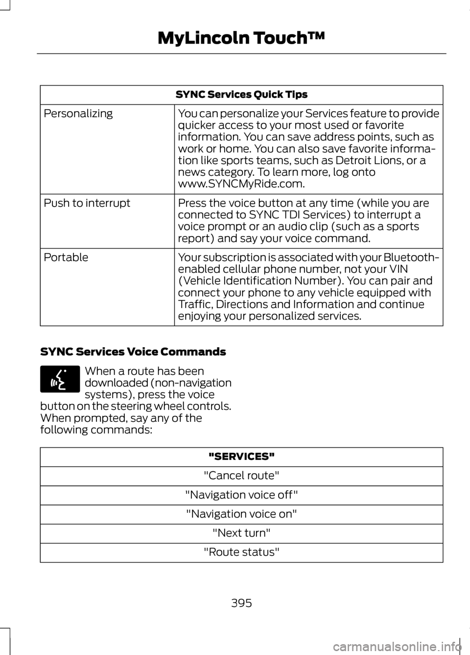 LINCOLN MKZ 2013 User Guide SYNC Services Quick Tips
You can personalize your Services feature to provide
quicker access to your most used or favorite
information. You can save address points, such as
work or home. You can also LINCOLN MKZ 2013 User Guide SYNC Services Quick Tips
You can personalize your Services feature to provide
quicker access to your most used or favorite
information. You can save address points, such as
work or home. You can also