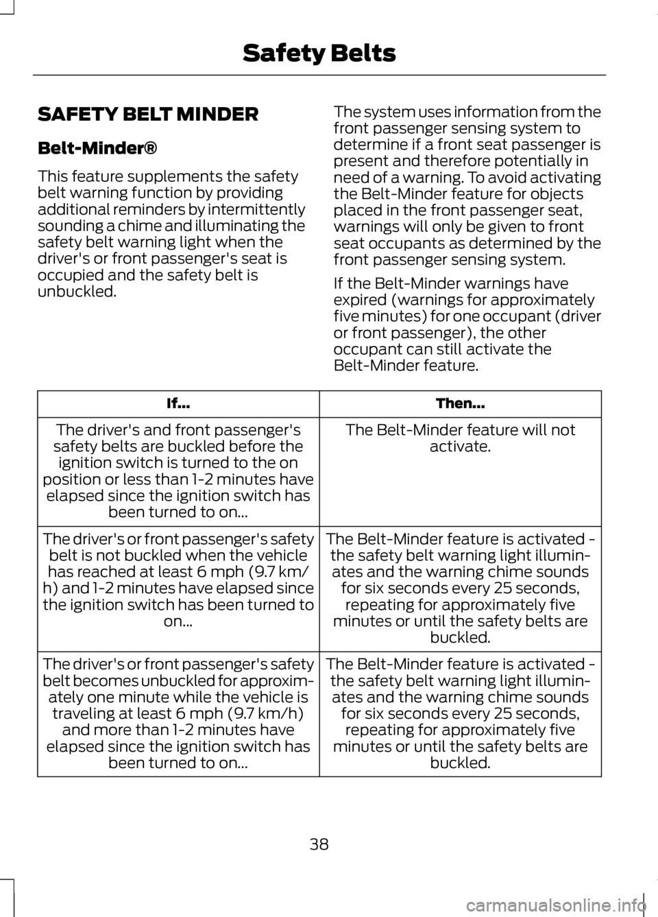 LINCOLN MKZ 2013 Owners Manual SAFETY BELT MINDER
Belt-Minder®
This feature supplements the safety
belt warning function by providing
additional reminders by intermittently
sounding a chime and illuminating the
safety belt warning LINCOLN MKZ 2013 Owners Manual SAFETY BELT MINDER
Belt-Minder®
This feature supplements the safety
belt warning function by providing
additional reminders by intermittently
sounding a chime and illuminating the
safety belt warning