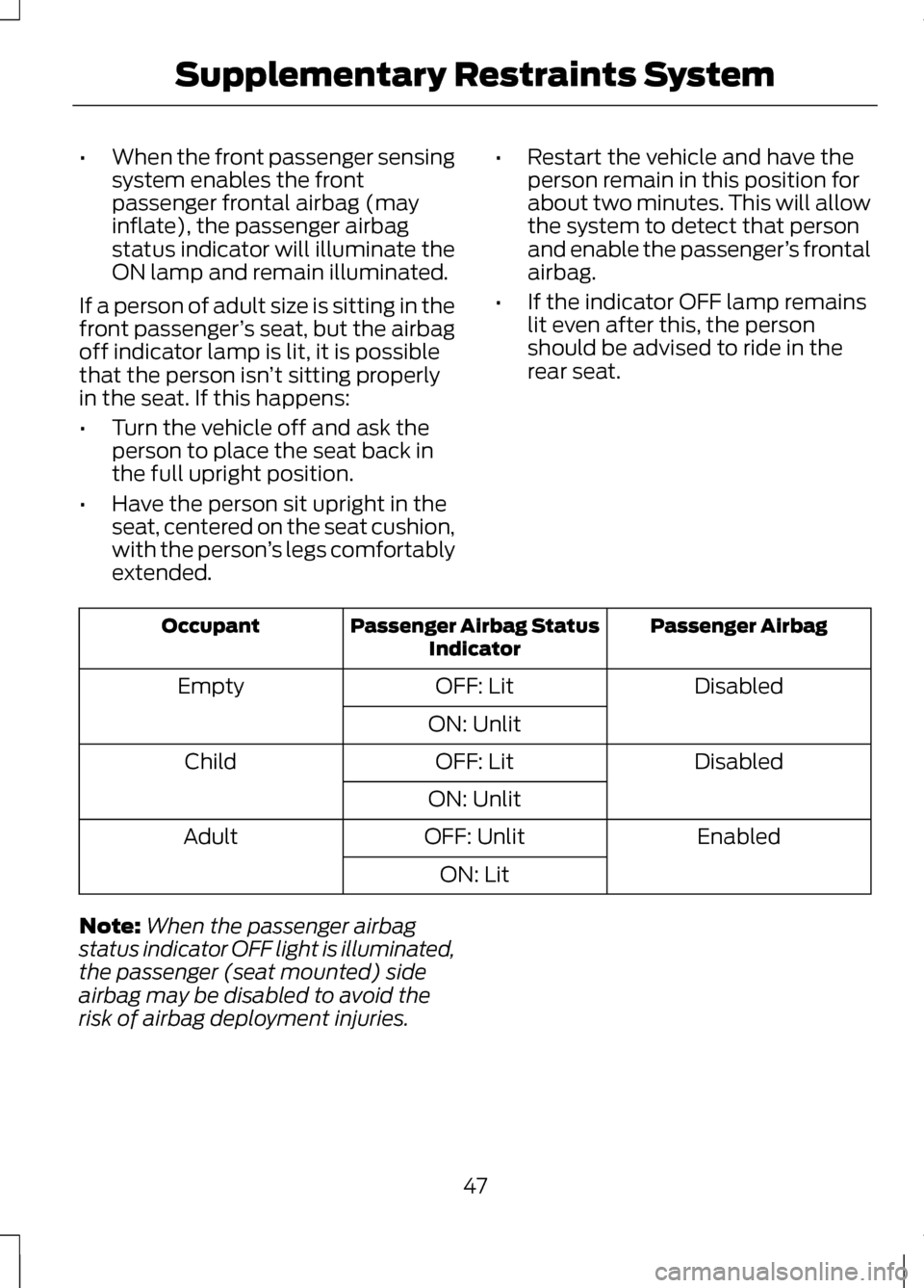 LINCOLN MKZ 2013 Service Manual •
When the front passenger sensing
system enables the front
passenger frontal airbag (may
inflate), the passenger airbag
status indicator will illuminate the
ON lamp and remain illuminated.
If a per LINCOLN MKZ 2013 Service Manual •
When the front passenger sensing
system enables the front
passenger frontal airbag (may
inflate), the passenger airbag
status indicator will illuminate the
ON lamp and remain illuminated.
If a per