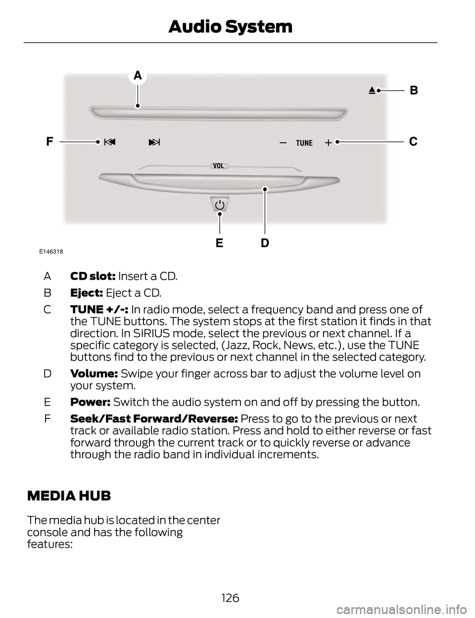 LINCOLN MKZ 2014  Owners Manual E146318
CD slot: Insert a CD.
A
Eject: Eject a CD.
B
TUNE +/-: In radio mode, select a frequency band and press one of
the TUNE buttons. The system stops at the first station it finds in that
directio