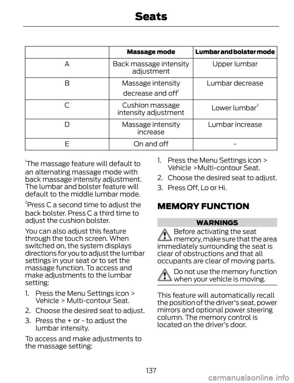 LINCOLN MKZ 2014 Owners Manual Lumbar and bolster mode
Massage mode
Upper lumbar
Back massage intensity
adjustment
A
Lumbar decrease
Massage intensity
decrease and off
1B
Lower lumbar
2Cushion massage
intensity adjustment
C
Lumbar LINCOLN MKZ 2014 Owners Manual Lumbar and bolster mode
Massage mode
Upper lumbar
Back massage intensity
adjustment
A
Lumbar decrease
Massage intensity
decrease and off
1B
Lower lumbar
2Cushion massage
intensity adjustment
C
Lumbar
