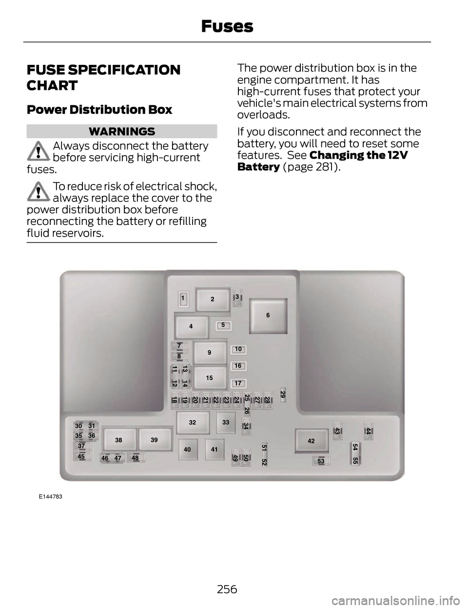 LINCOLN MKZ 2014 Owners Manual FUSE SPECIFICATION
CHART
Power Distribution Box
WARNINGS
Always disconnect the battery
before servicing high-current
fuses.
To reduce risk of electrical shock,
always replace the cover to the
power di LINCOLN MKZ 2014 Owners Manual FUSE SPECIFICATION
CHART
Power Distribution Box
WARNINGS
Always disconnect the battery
before servicing high-current
fuses.
To reduce risk of electrical shock,
always replace the cover to the
power di