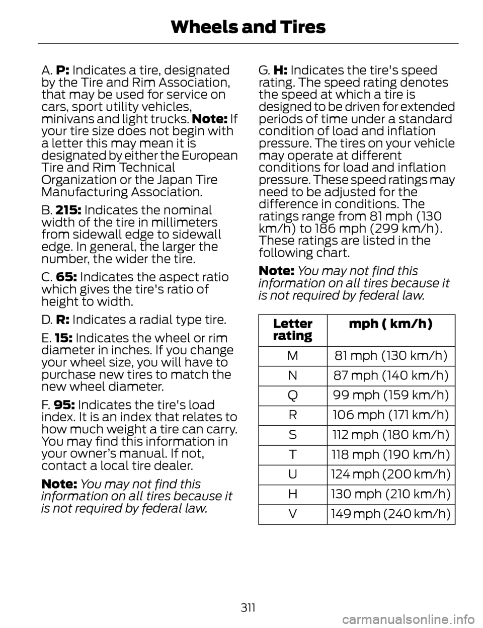LINCOLN MKZ 2014  Owners Manual A.P: Indicates a tire, designated
by the Tire and Rim Association,
that may be used for service on
cars, sport utility vehicles,
minivans and light trucks. Note: If
your tire size does not begin with
