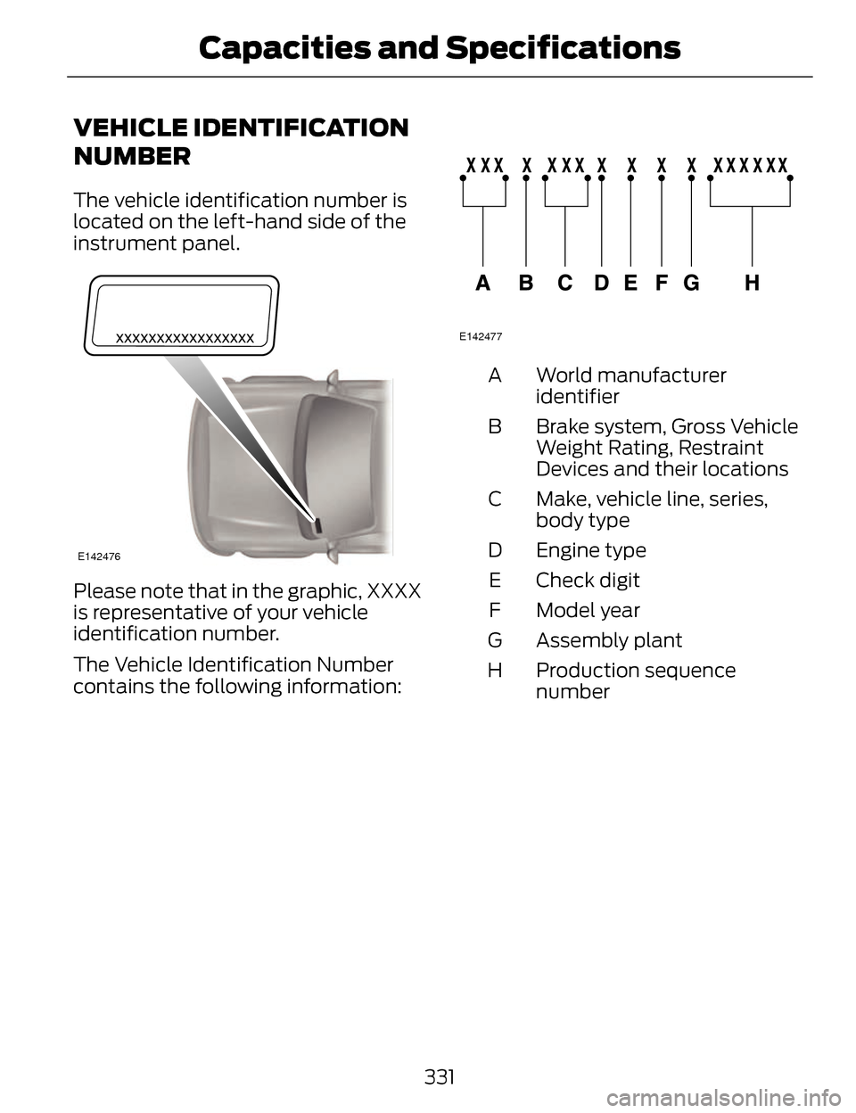LINCOLN MKZ 2014  Owners Manual VEHICLE IDENTIFICATION
NUMBER
The vehicle identification number is
located on the left-hand side of the
instrument panel.
E142476
Please note that in the graphic, XXXX
is representative of your vehicl