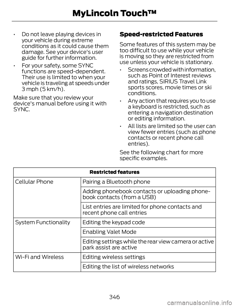 LINCOLN MKZ 2014  Owners Manual • Do not leave playing devices inyour vehicle during extreme
conditions as it could cause them
damage. See your devices user
guide for further information.
• For your safety, some SYNC functions 