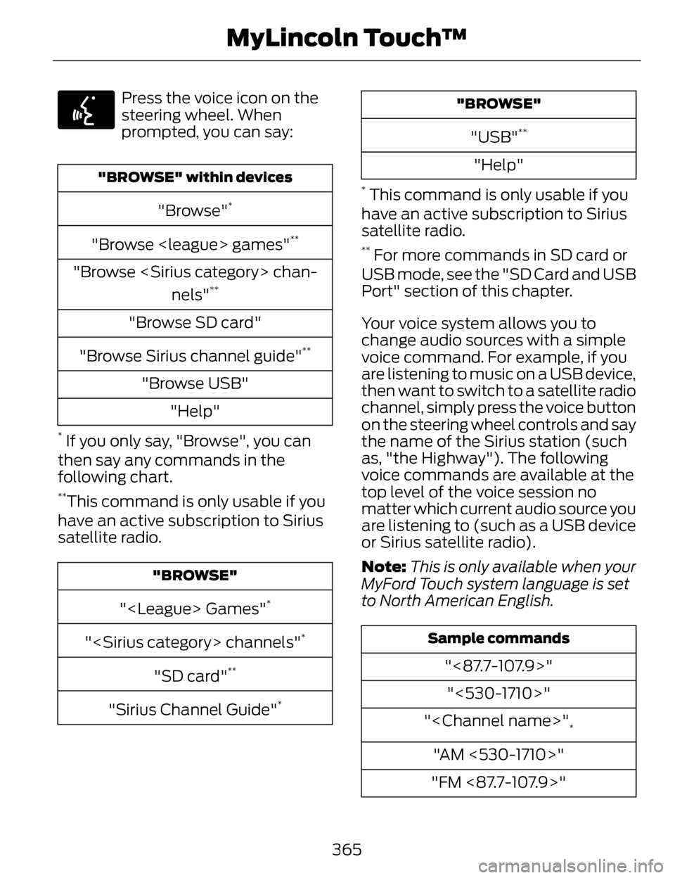 LINCOLN MKZ 2014 Owners Manual E142599
Press the voice icon on the
steering wheel. When
prompted, you can say:
"BROWSE" within devices
"Browse"*
"Browse <league> games"**
"Browse <Sirius category> chan-nels"**
"Browse SD card"
"Bro LINCOLN MKZ 2014 Owners Manual E142599
Press the voice icon on the
steering wheel. When
prompted, you can say:
"BROWSE" within devices
"Browse"*
"Browse <league> games"**
"Browse <Sirius category> chan-nels"**
"Browse SD card"
"Bro