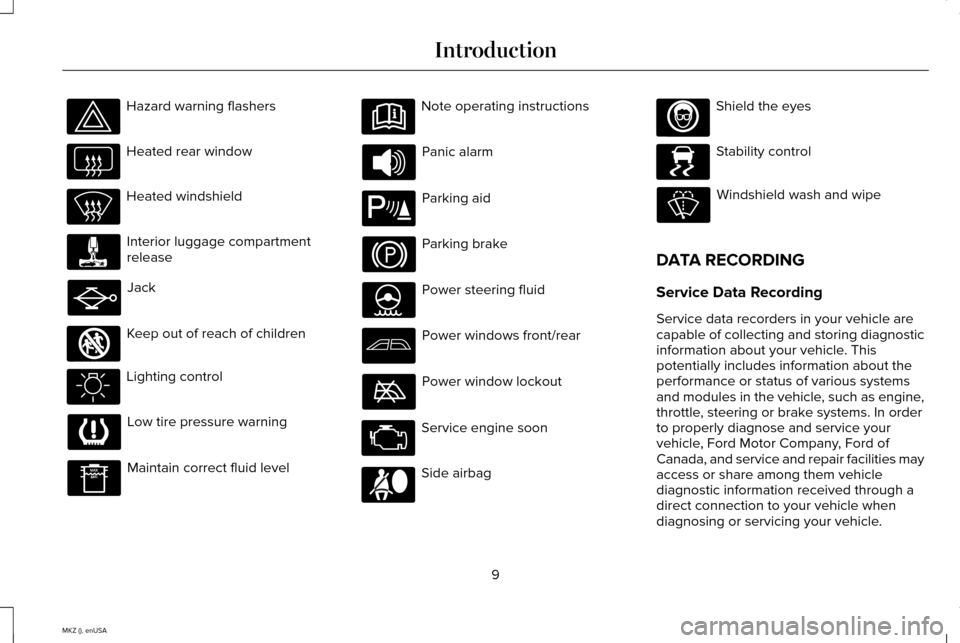 LINCOLN MKZ 2015  Owners Manual Hazard warning flashers
Heated rear window
Heated windshield
Interior luggage compartment
release
Jack
Keep out of reach of children
Lighting control
Low tire pressure warning
Maintain correct fluid l