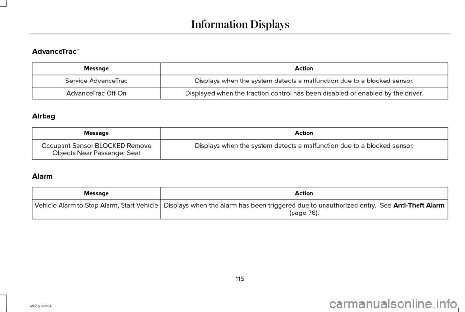 LINCOLN MKZ 2015  Owners Manual AdvanceTrac
™ Action
Message
Displays when the system detects a malfunction due to a blocked sensor.
Service AdvanceTrac
Displayed when the traction control has been disabled or enabled by the \
dri