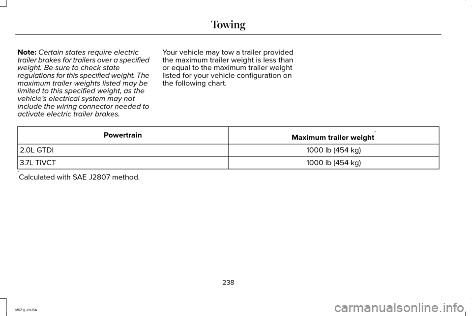 LINCOLN MKZ 2015 Owners Manual Note:
Certain states require electric
trailer brakes for trailers over a specified
weight. Be sure to check state
regulations for this specified weight. The
maximum trailer weights listed may be
limit LINCOLN MKZ 2015 Owners Manual Note:
Certain states require electric
trailer brakes for trailers over a specified
weight. Be sure to check state
regulations for this specified weight. The
maximum trailer weights listed may be
limit