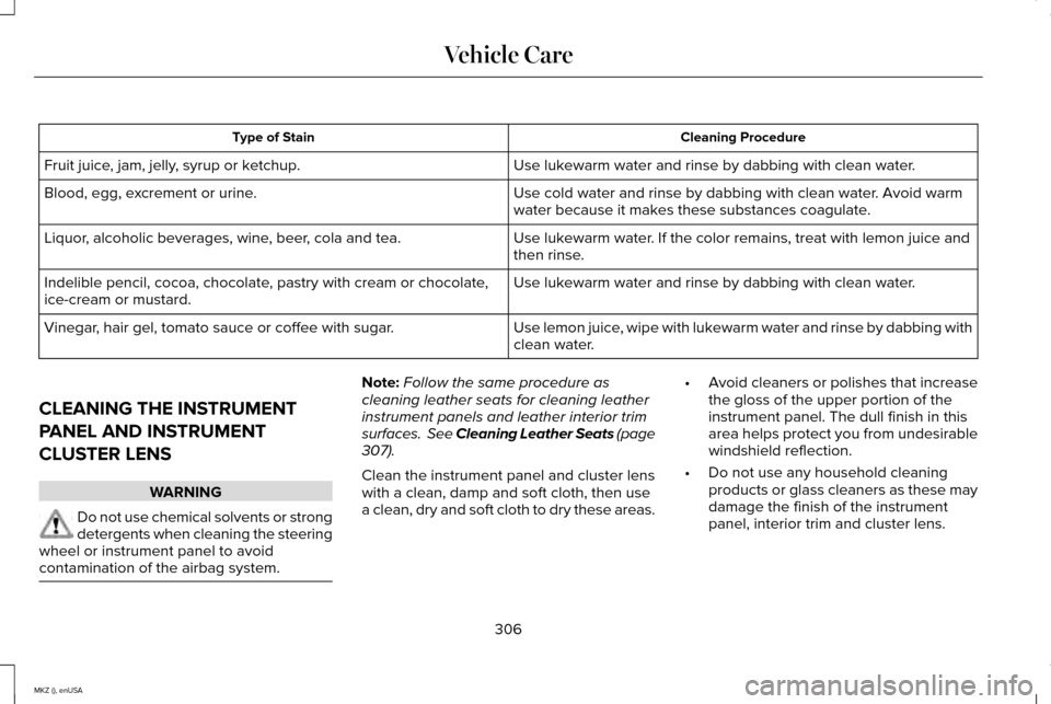LINCOLN MKZ 2015 Owners Manual Cleaning Procedure
Type of Stain
Use lukewarm water and rinse by dabbing with clean water.
Fruit juice, jam, jelly, syrup or ketchup.
Use cold water and rinse by dabbing with clean water. Avoid warm
w LINCOLN MKZ 2015 Owners Manual Cleaning Procedure
Type of Stain
Use lukewarm water and rinse by dabbing with clean water.
Fruit juice, jam, jelly, syrup or ketchup.
Use cold water and rinse by dabbing with clean water. Avoid warm
w