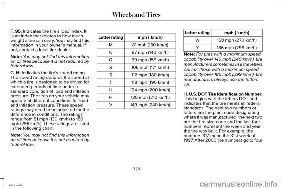 LINCOLN MKZ 2015 Owners Manual F. 95: Indicates the tires load index. It
is an index that relates to how much
weight a tire can carry. You may find this
information in your owner’ s manual. If
not, contact a local tire dealer.
N LINCOLN MKZ 2015 Owners Manual F. 95: Indicates the tires load index. It
is an index that relates to how much
weight a tire can carry. You may find this
information in your owner’ s manual. If
not, contact a local tire dealer.
N