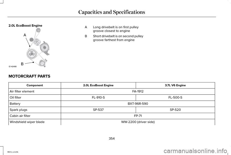 LINCOLN MKZ 2015  Owners Manual 2.0L EcoBoost Engine
Long drivebelt is on first pulley
groove closest to engine
A
Short drivebelt is on second pulley
groove farthest from engine
B
MOTORCRAFT PARTS 3.7L V6 Engine
2.0L EcoBoost Engine