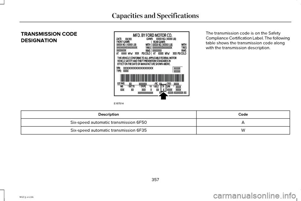 LINCOLN MKZ 2015  Owners Manual TRANSMISSION CODE
DESIGNATION The transmission code is on the Safety
Compliance Certification Label. The following
table shows the transmission code along
with the transmission description.
Code
Descr