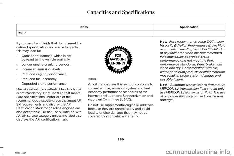 LINCOLN MKZ 2015 Owners Manual Specification
Name
MXL-1
If you use oil and fluids that do not meet the
defined specification and viscosity grade,
this may lead to:
• Component damage which is not
covered by the vehicle warranty.
LINCOLN MKZ 2015 Owners Manual Specification
Name
MXL-1
If you use oil and fluids that do not meet the
defined specification and viscosity grade,
this may lead to:
• Component damage which is not
covered by the vehicle warranty.