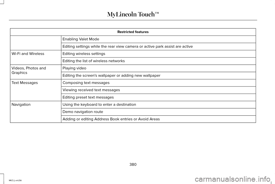 LINCOLN MKZ 2015  Owners Manual Restricted features
Enabling Valet Mode
Editing settings while the rear view camera or active park assist are ac\
tive
Editing wireless settings
Wi-Fi and Wireless
Editing the list of wireless network