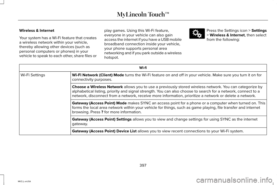 LINCOLN MKZ 2015 Owners Manual Wireless & Internet
Your system has a Wi-Fi feature that creates
a wireless network within your vehicle,
thereby allowing other devices (such as
personal computers or phones) in your
vehicle to speak LINCOLN MKZ 2015 Owners Manual Wireless & Internet
Your system has a Wi-Fi feature that creates
a wireless network within your vehicle,
thereby allowing other devices (such as
personal computers or phones) in your
vehicle to speak