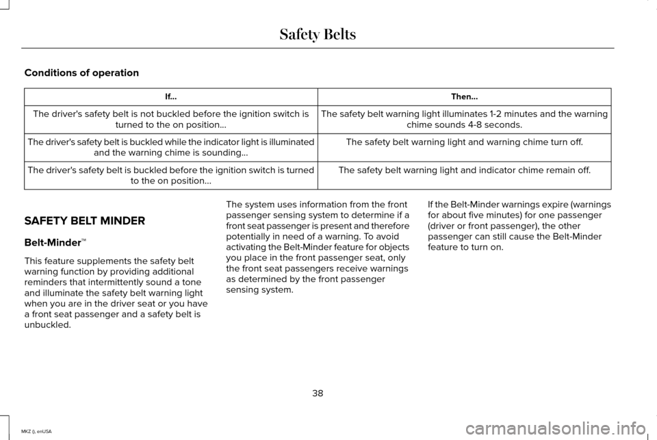 LINCOLN MKZ 2015 Service Manual Conditions of operation
Then...
If...
The safety belt warning light illuminates 1-2 minutes and the warningchime sounds 4-8 seconds.
The drivers safety belt is not buckled before the ignition switch LINCOLN MKZ 2015 Service Manual Conditions of operation
Then...
If...
The safety belt warning light illuminates 1-2 minutes and the warningchime sounds 4-8 seconds.
The drivers safety belt is not buckled before the ignition switch