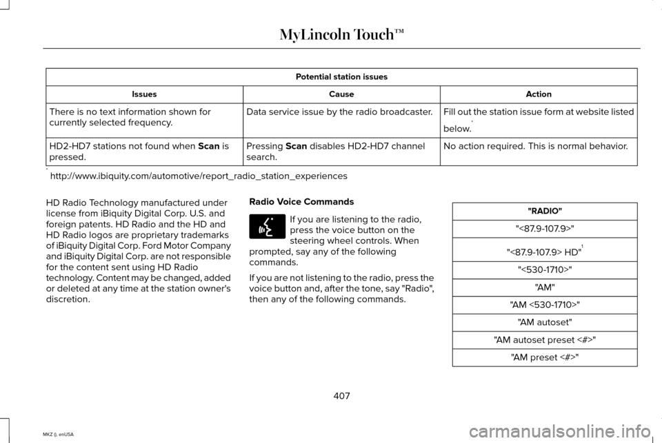 LINCOLN MKZ 2015 Owners Manual Potential station issues
Action
Cause
Issues
Fill out the station issue form at website listed
below.*
Data service issue by the radio broadcaster.
There is no text information shown for
currently sel LINCOLN MKZ 2015 Owners Manual Potential station issues
Action
Cause
Issues
Fill out the station issue form at website listed
below.*
Data service issue by the radio broadcaster.
There is no text information shown for
currently sel