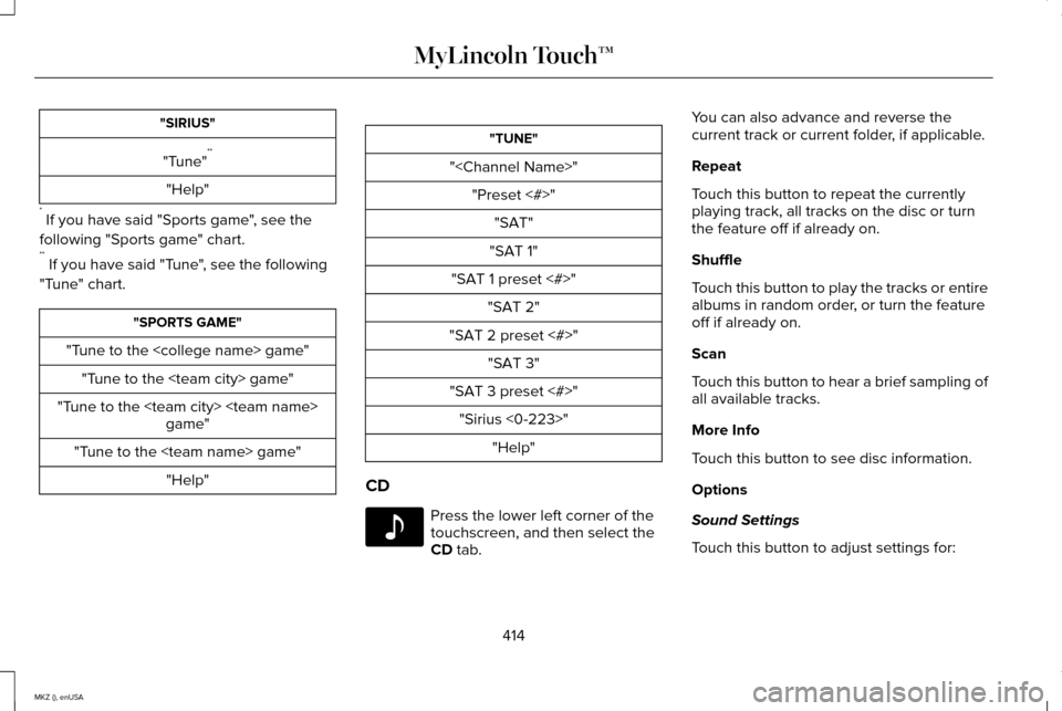 LINCOLN MKZ 2015 Owners Manual "SIRIUS"
"Tune" **
"Help"
* If you have said "Sports game", see the
following "Sports game" chart.
** If you have said "Tune", see the following
"Tune" chart. "SPORTS GAME"
"Tune to the <college nam LINCOLN MKZ 2015 Owners Manual "SIRIUS"
"Tune" **
"Help"
* If you have said "Sports game", see the
following "Sports game" chart.
** If you have said "Tune", see the following
"Tune" chart. "SPORTS GAME"
"Tune to the <college nam