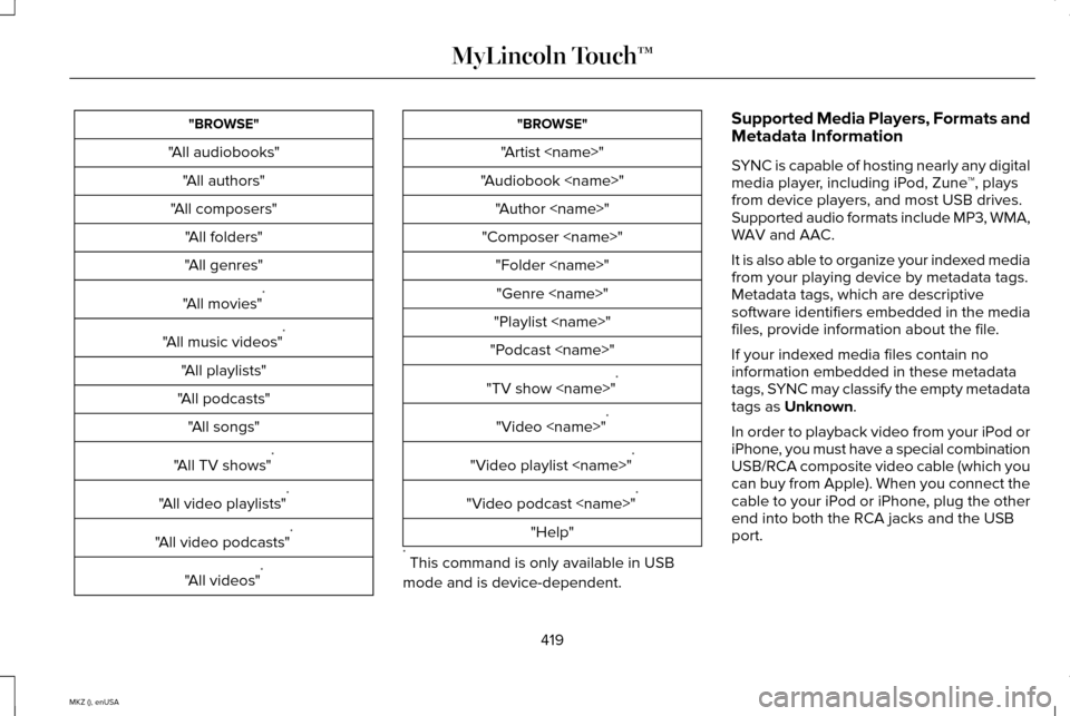 LINCOLN MKZ 2015 Owners Manual "BROWSE"
"All audiobooks" "All authors"
"All composers" "All folders"
"All genres"
"All movies" *
"All music videos" *
"All playlists"
"All podcasts" "All songs"
"All TV shows" *
"All video playlists" LINCOLN MKZ 2015 Owners Manual "BROWSE"
"All audiobooks" "All authors"
"All composers" "All folders"
"All genres"
"All movies" *
"All music videos" *
"All playlists"
"All podcasts" "All songs"
"All TV shows" *
"All video playlists"