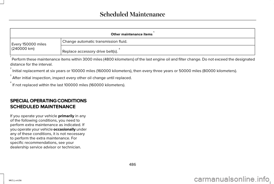LINCOLN MKZ 2015 Owners Manual Other maintenance items
1
Change automatic transmission fluid.
Every 150000 miles
(240000 km)
Replace accessory drive belt(s). 4
1 Perform these maintenance items within 3000 miles (4800 kilometers LINCOLN MKZ 2015 Owners Manual Other maintenance items
1
Change automatic transmission fluid.
Every 150000 miles
(240000 km)
Replace accessory drive belt(s). 4
1 Perform these maintenance items within 3000 miles (4800 kilometers