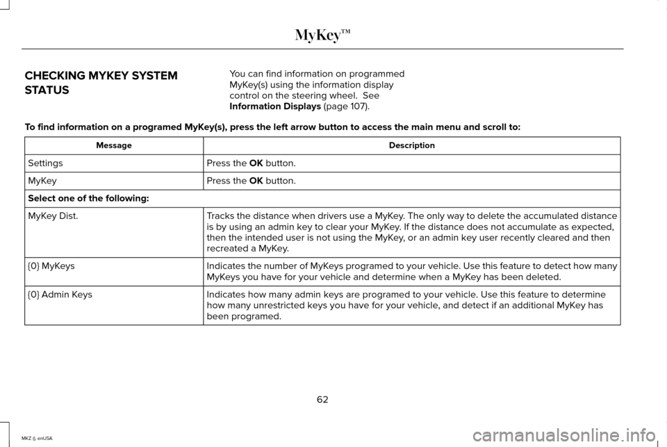 LINCOLN MKZ 2015 Repair Manual CHECKING MYKEY SYSTEM
STATUS
You can find information on programmed
MyKey(s) using the information display
control on the steering wheel. See
Information Displays (page 107).
To find information on a LINCOLN MKZ 2015 Repair Manual CHECKING MYKEY SYSTEM
STATUS
You can find information on programmed
MyKey(s) using the information display
control on the steering wheel. See
Information Displays (page 107).
To find information on a