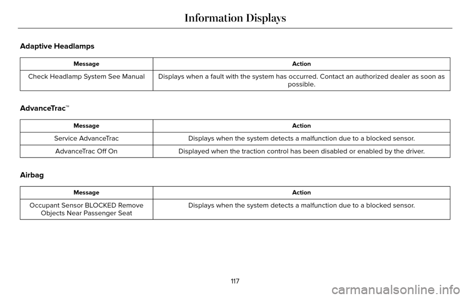 LINCOLN MKZ 2016  Owners Manual Adaptive Headlamps
Action
Message
Displays when a fault with the system has occurred. Contact an authorize\
d dealer as soon as
possible.
Check Headlamp System See Manual
AdvanceTrac™
Action
Message