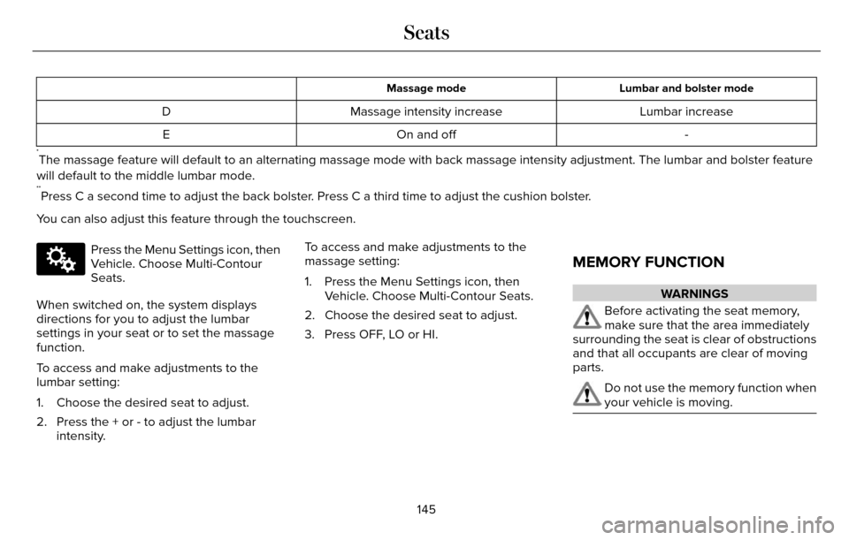 LINCOLN MKZ 2016 Owners Manual Lumbar and bolster mode
Massage mode
Lumbar increase
Massage intensity increase
D
-
On and off
E
*The massage feature will default to an alternating massage mode with bac\
k massage intensity adjustme LINCOLN MKZ 2016 Owners Manual Lumbar and bolster mode
Massage mode
Lumbar increase
Massage intensity increase
D
-
On and off
E
*The massage feature will default to an alternating massage mode with bac\
k massage intensity adjustme