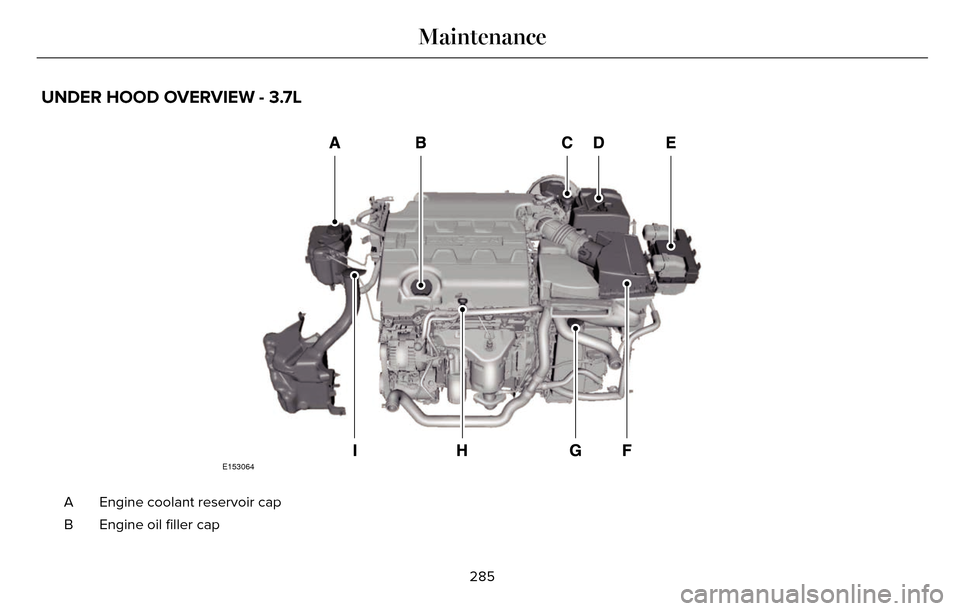 LINCOLN MKZ 2016  Owners Manual UNDER HOOD OVERVIEW - 3.7L
E153064
Engine coolant reservoir cap
A
Engine oil filler cap
B
285
Maintenance 