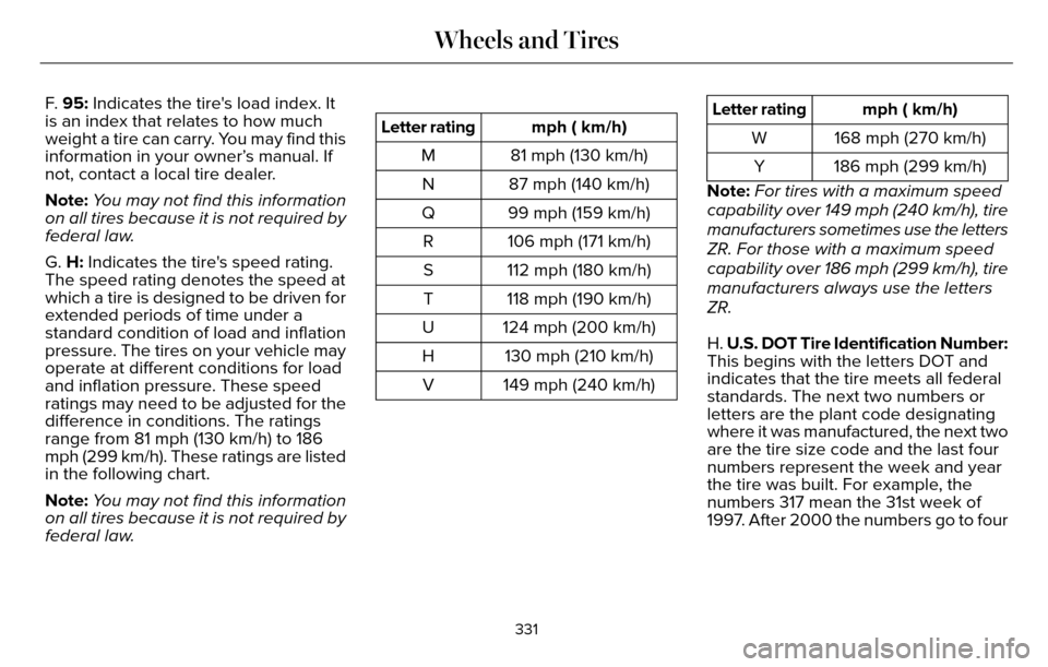 LINCOLN MKZ 2016 Owners Manual F. 95: Indicates the tires load index. It
is an index that relates to how much
weight a tire can carry. You may find this
information in your owner’s manual. If
not, contact a local tire dealer.
No