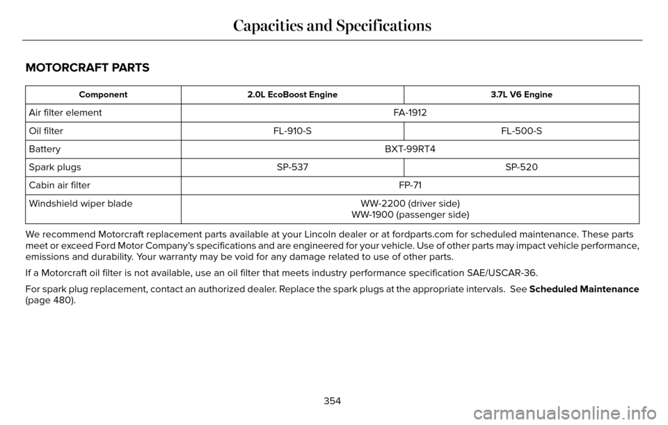 LINCOLN MKZ 2016  Owners Manual MOTORCRAFT PARTS
3.7L V6 Engine
2.0L EcoBoost Engine
Component
FA-1912
Air filter element
FL-500-S
FL-910-S
Oil filter
BXT-99RT4
Battery
SP-520
SP-537
Spark plugs
FP-71
Cabin air filter
WW-2200 (drive