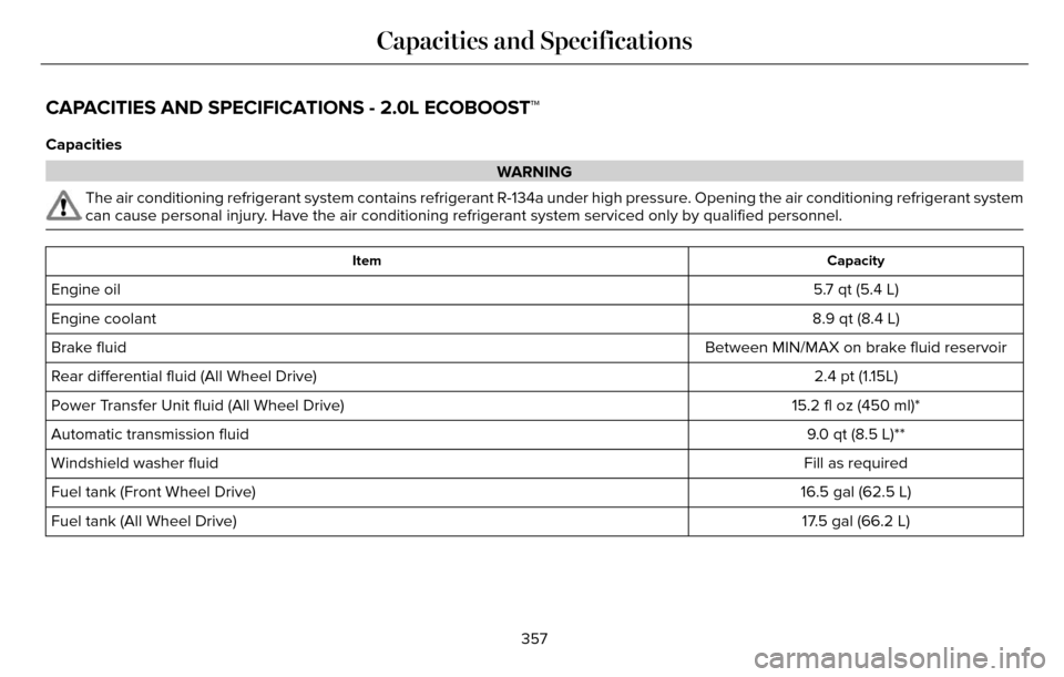 LINCOLN MKZ 2016 Owners Manual CAPACITIES AND SPECIFICATIONS - 2.0L ECOBOOST™
Capacities
WARNING
The air conditioning refrigerant system contains refrigerant R-134a unde\
r high pressure. Opening the air conditioning refrigerant LINCOLN MKZ 2016 Owners Manual CAPACITIES AND SPECIFICATIONS - 2.0L ECOBOOST™
Capacities
WARNING
The air conditioning refrigerant system contains refrigerant R-134a unde\
r high pressure. Opening the air conditioning refrigerant