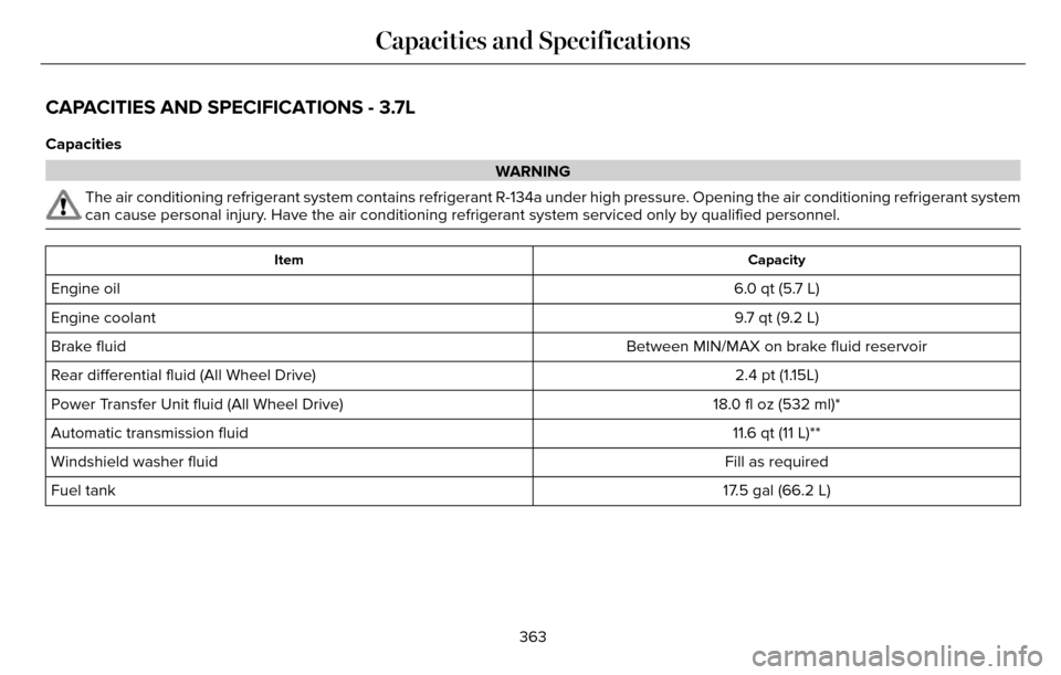 LINCOLN MKZ 2016  Owners Manual CAPACITIES AND SPECIFICATIONS - 3.7L
Capacities
WARNING
The air conditioning refrigerant system contains refrigerant R-134a unde\
r high pressure. Opening the air conditioning refrigerant system
can c