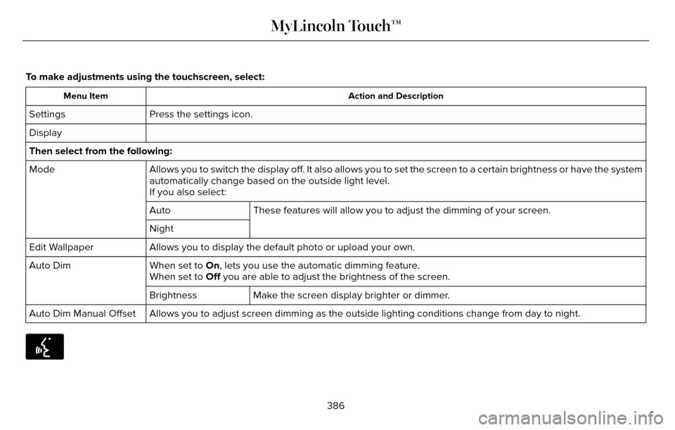 LINCOLN MKZ 2016 Owners Manual To make adjustments using the touchscreen, select:
Action and Description
Menu Item
Press the settings icon.
Settings
Display
Then select from the following:
Allows you to switch the display off. It a LINCOLN MKZ 2016 Owners Manual To make adjustments using the touchscreen, select:
Action and Description
Menu Item
Press the settings icon.
Settings
Display
Then select from the following:
Allows you to switch the display off. It a