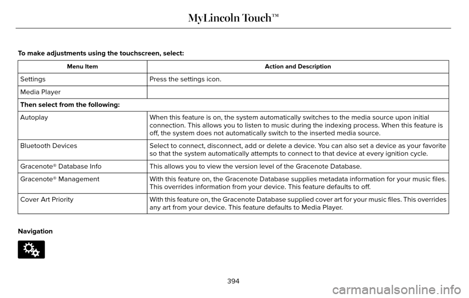 LINCOLN MKZ 2016 Owners Manual To make adjustments using the touchscreen, select:
Action and Description
Menu Item
Press the settings icon.
Settings
Media Player
Then select from the following:
When this feature is on, the system a LINCOLN MKZ 2016 Owners Manual To make adjustments using the touchscreen, select:
Action and Description
Menu Item
Press the settings icon.
Settings
Media Player
Then select from the following:
When this feature is on, the system a