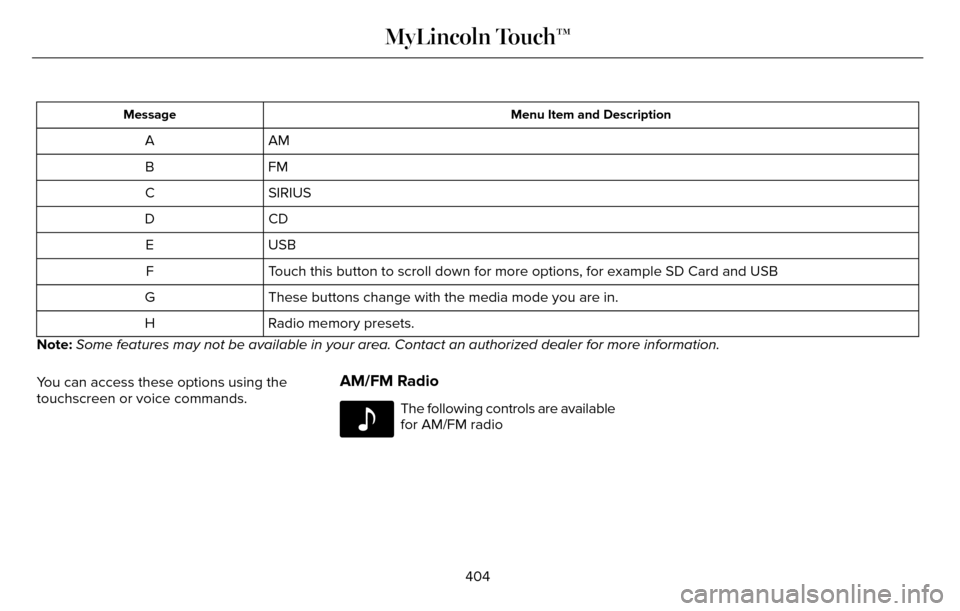 LINCOLN MKZ 2016 Owners Manual Menu Item and Description
Message
AM
A
FM
B
SIRIUS
C
CD
D
USB
E
Touch this button to scroll down for more options, for example SD Card an\
d USB
F
These buttons change with the media mode you are in.
LINCOLN MKZ 2016 Owners Manual Menu Item and Description
Message
AM
A
FM
B
SIRIUS
C
CD
D
USB
E
Touch this button to scroll down for more options, for example SD Card an\
d USB
F
These buttons change with the media mode you are in.